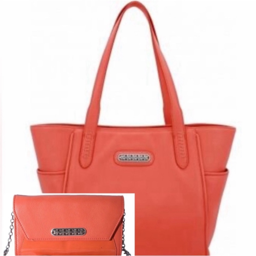 BRIGHTON 🪸CORAL🪸 💯% GENUINE LEATHER TOTE BAG & MATCHING WALLET SET 🌟EUC🌟